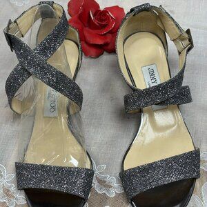 Jimmy Choo-London-Women Fearne Mirrored Silver leather-wedge Sandals.Size-US-6,5